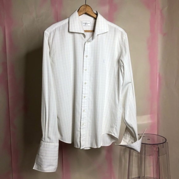 YSL Embroidered Logo Plaid Window Pane French Cuff - Picture 3 of 6